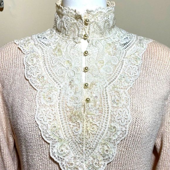 80s Vintage Scott McClintock Peach Long Sleeve Sweater with Lace Applique LG - Picture 4 of 8